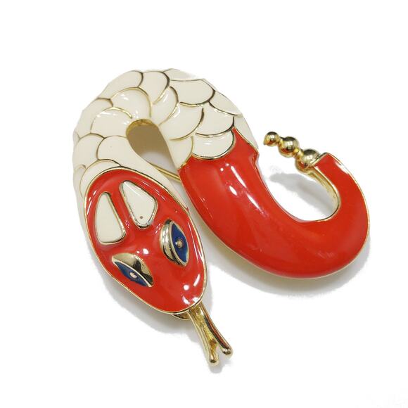 Vintage Rattlesnake Enamel Brooch, Gold Plated, Red & White Enamel, 1960s - Picture 7 of 10